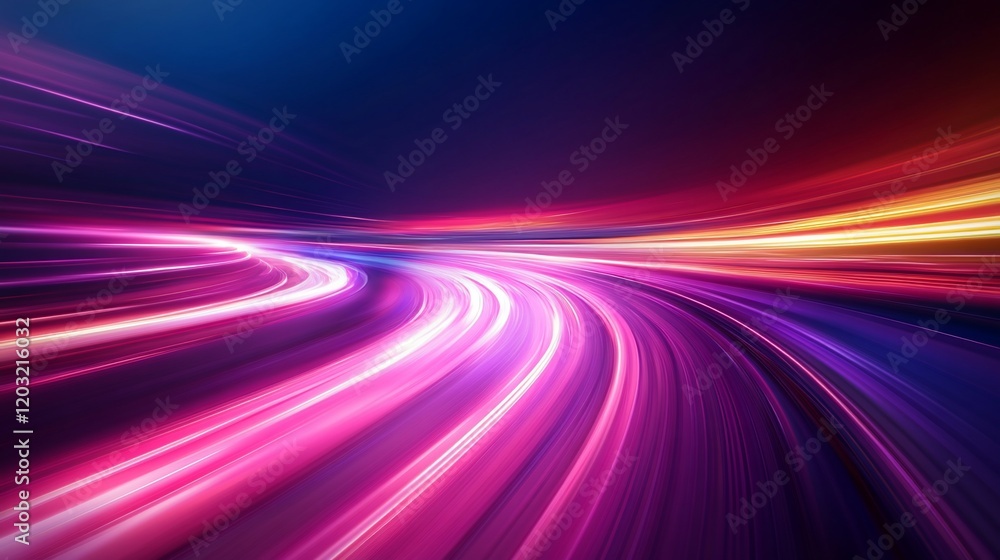 Abstract vibrant light trails curve on dark background, representing speed and motion. Abstract vibrant light trails curve on dark background, representing speed and motion.