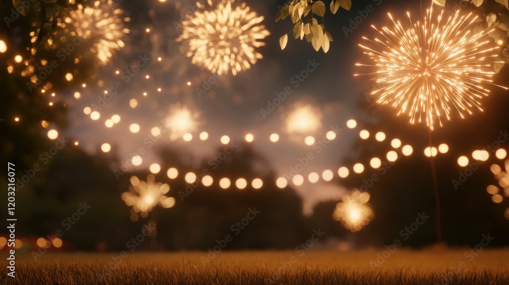 Fototapeta premium Festive fireworks display over rural fields evening celebration vibrant light show outdoor atmosphere rural landscape
