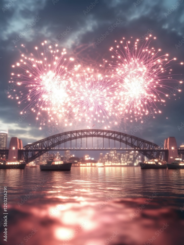 Fototapeta premium Celebratory fireworks over sydney harbour bridge with boats australia day celebration nighttime spectacle stunning viewpoint