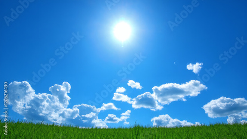Bottom up view of blue sky with shining sun White fluffy clouds on a blue sky in spring season