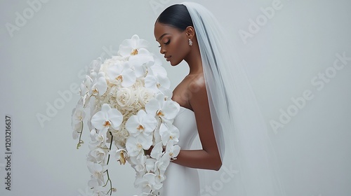 Bride in white dress holding large orchid bouquet.