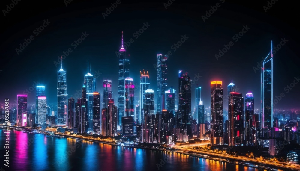Fototapeta premium Vibrant Metropolis at Night: A City of Neon Lights