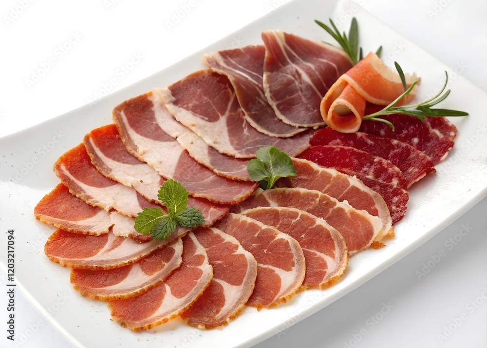 Delightful array of thinly sliced cured meat arranged elegantly on a clean white background Delightful array of thinly sliced cured meat arranged elegantly on a clean white background