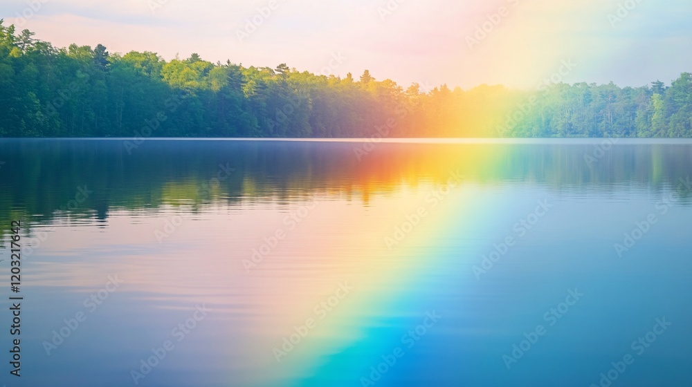 Serene lake reflecting a vibrant rainbow over a tranquil forest. Serene lake reflecting a vibrant rainbow over a tranquil forest.