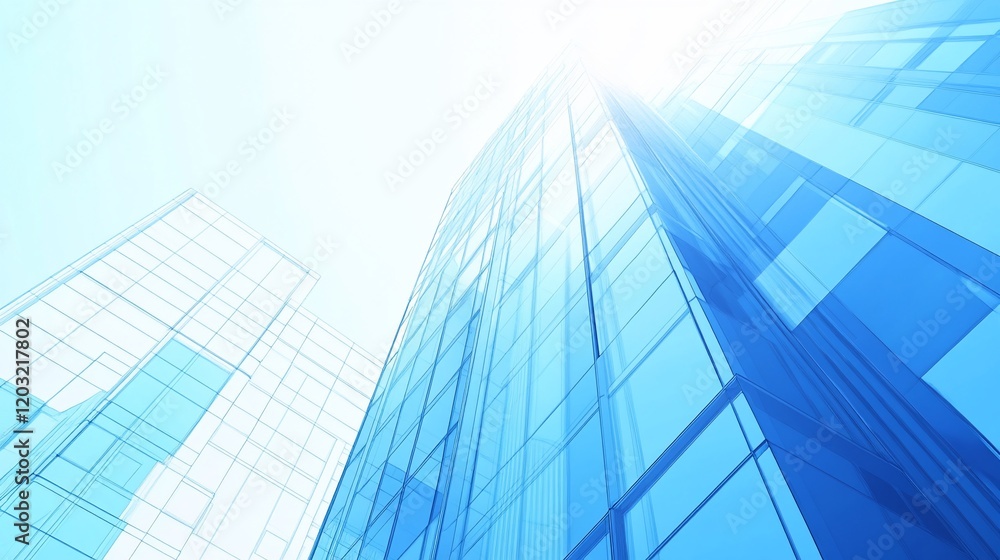 Low angle view of modern glass skyscrapers against bright sky. Low angle view of modern glass skyscrapers against bright sky.