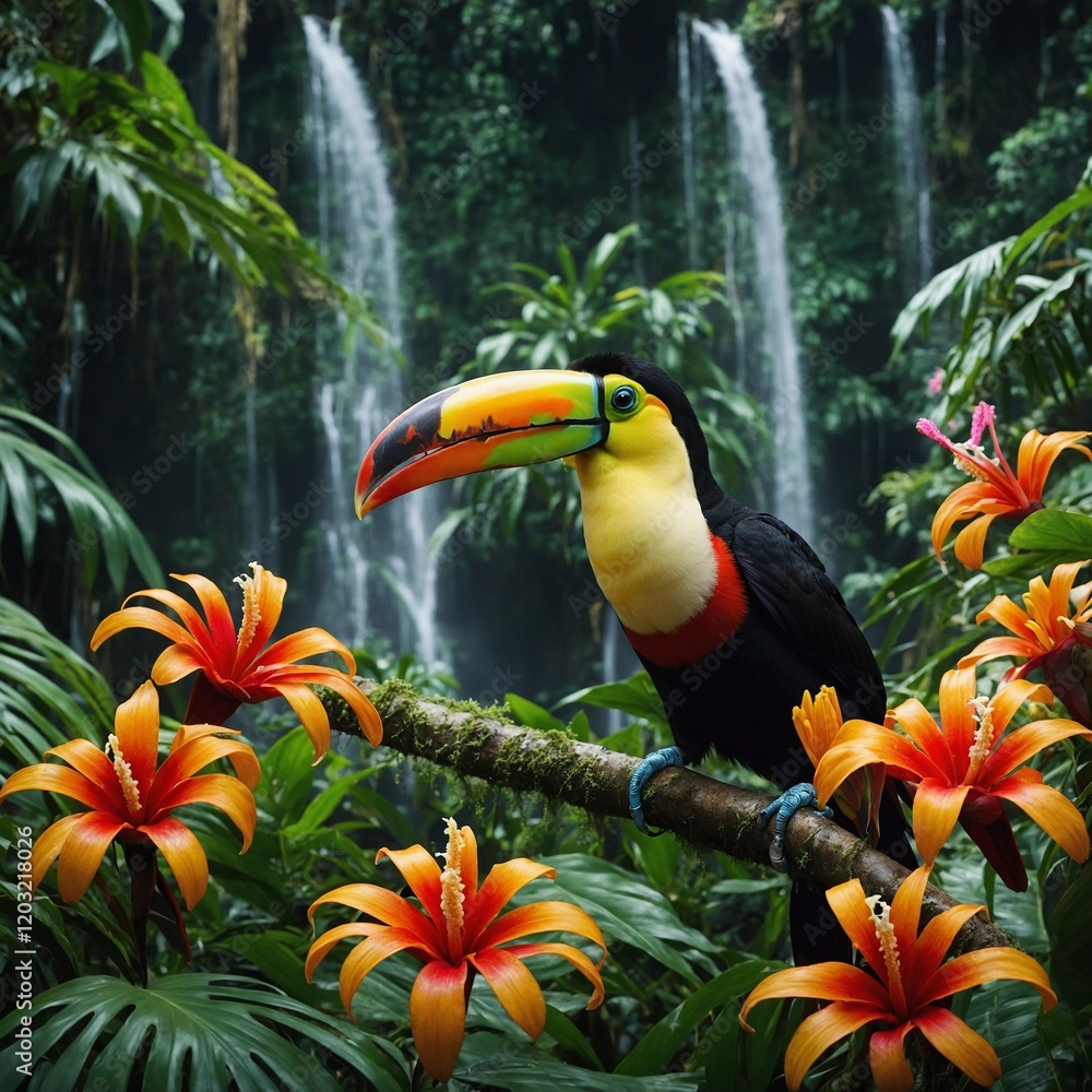 Obraz premium A vibrant toucan in a lush rainforest, surrounded by exotic flowers and glowing waterfalls.