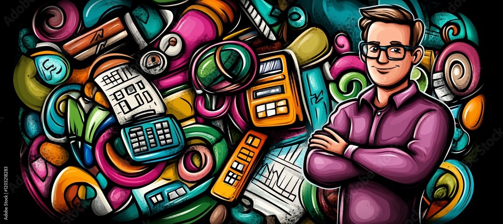 Fototapeta premium Doodle illustration of a confident businessman surrounded by business-related items.
