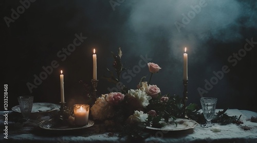 Romantic table setting with candles, flowers, and smoky atmosphere.