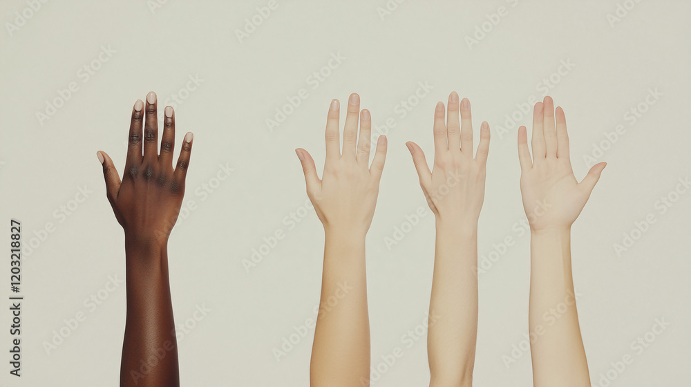 Hands Raised in Unity: Four hands of diverse skin tones reach upward, symbolizing unity, equality, and inclusivity. A powerful image representing togetherness and shared purpose. Hands Raised in Unity: Four hands of diverse skin tones reach upward, symbolizing unity, equality, and inclusivity. A powerful image representing togetherness and shared purpose.
