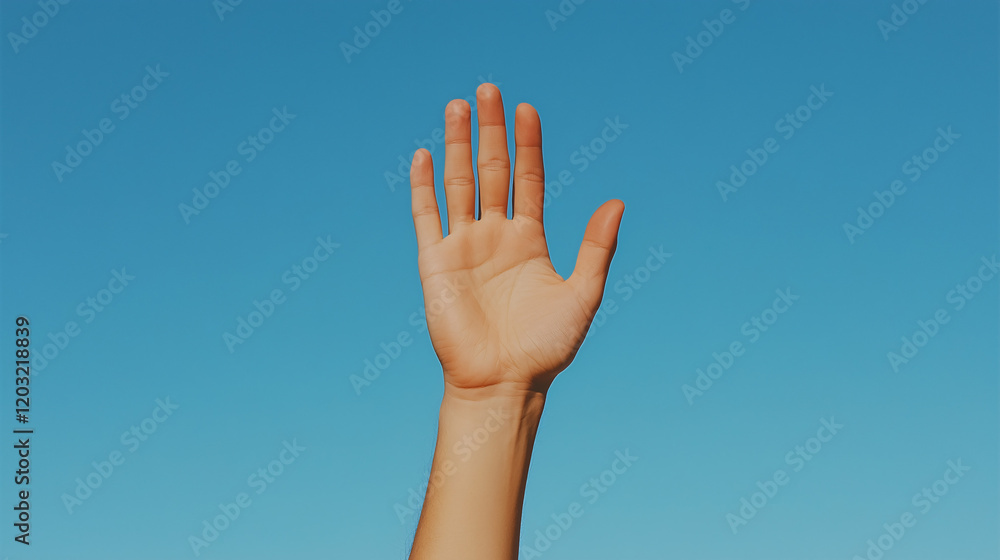 Hand Raised Against Blue Sky: A single hand reaches upward against a vibrant blue sky, symbolizing aspiration, participation, or a call for attention. The image is clean, simple, and versatile. Hand Raised Against Blue Sky: A single hand reaches upward against a vibrant blue sky, symbolizing aspiration, participation, or a call for attention. The image is clean, simple, and versatile.