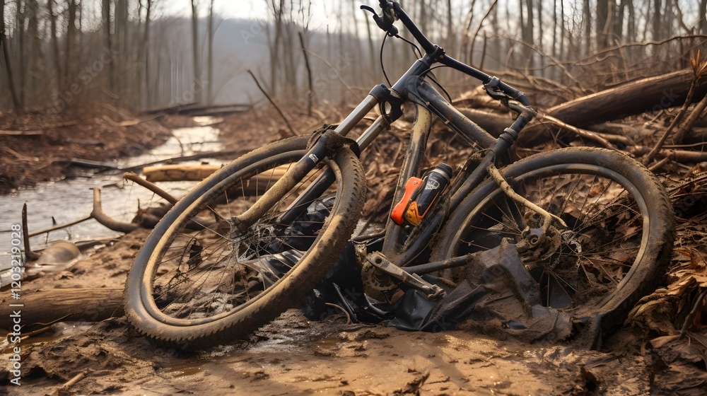 Fototapeta premium Neglected and broken down bicycle lying in the mud next to an overgrown trail suggesting a sense of abandonment and decay in an outdoor natural environment