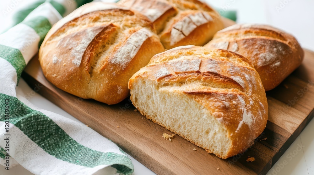 Freshly baked artisan bread on a wooden board, partially sliced, accompanied by a green and white checkered cloth. Freshly baked artisan bread on a wooden board, partially sliced, accompanied by a green and white checkered cloth.