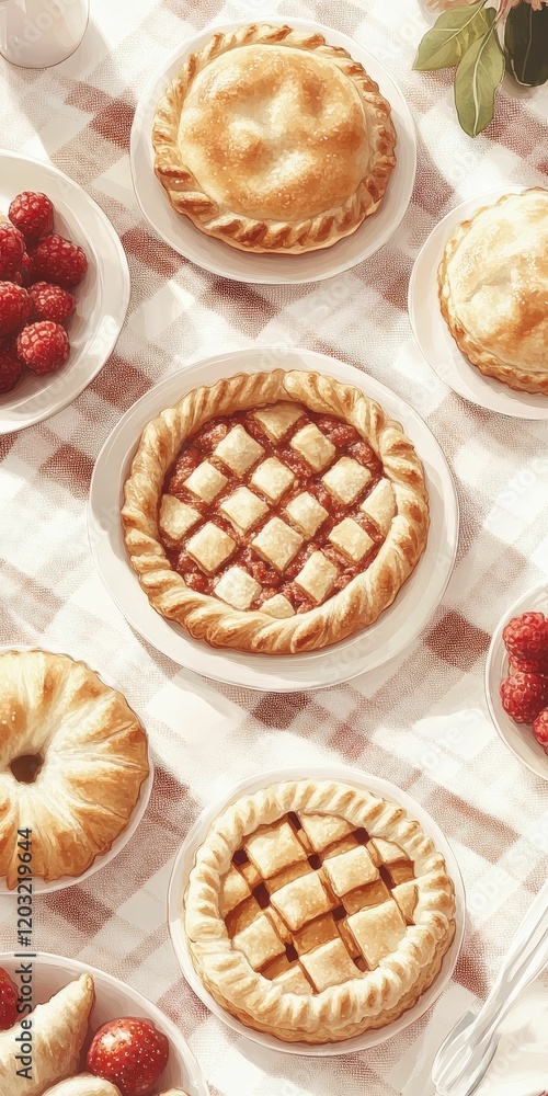 A delightful assortment of freshly baked pies displayed on a checkered cloth, featuring various designs and accompanied by strawberries. A delightful assortment of freshly baked pies displayed on a checkered cloth, featuring various designs and accompanied by strawberries.