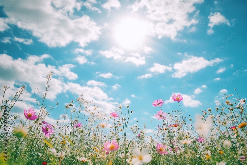Vibrant wildflowers bloom under a bright sunny sky. Vibrant wildflowers bloom under a bright sunny sky.