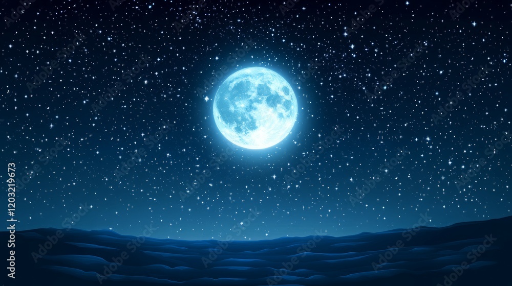 Naklejka premium Full moon shining brightly in a dark night sky, illuminating a serene landscape.