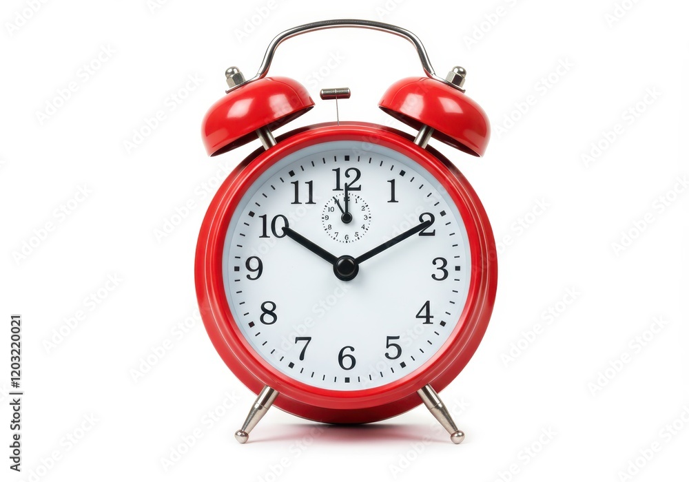 A classic red alarm clock with two bells on top and a white clock face displaying the time isolated on white background A classic red alarm clock with two bells on top and a white clock face displaying the time isolated on white background