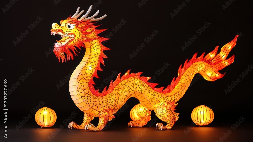 Fototapeta premium A vibrant dragon lantern with intricate details, illuminated against a dark background, symbolizing strength and good fortune.