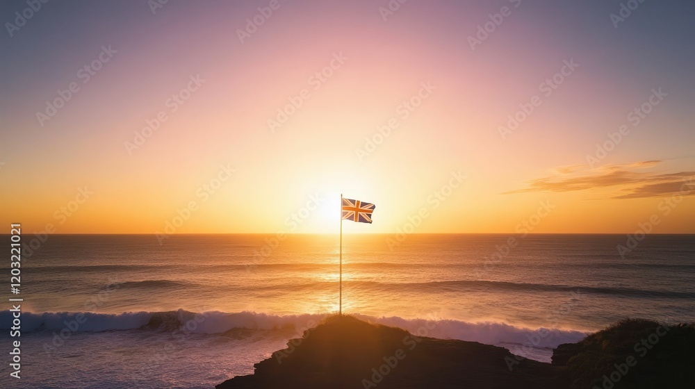 A flag stands tall on a rocky shore as the sun sets, casting vibrant colors across the sky and reflecting on the ocean waves. A flag stands tall on a rocky shore as the sun sets, casting vibrant colors across the sky and reflecting on the ocean waves.
