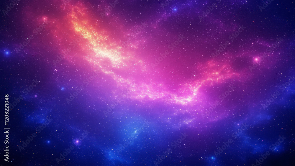 Obraz premium Create a vibrant cosmic background with a starry sky, glowing nebula clouds, and a smooth purple, pink, and blue gradient. Highlight a serene and limitless atmosphere with imaginative design.