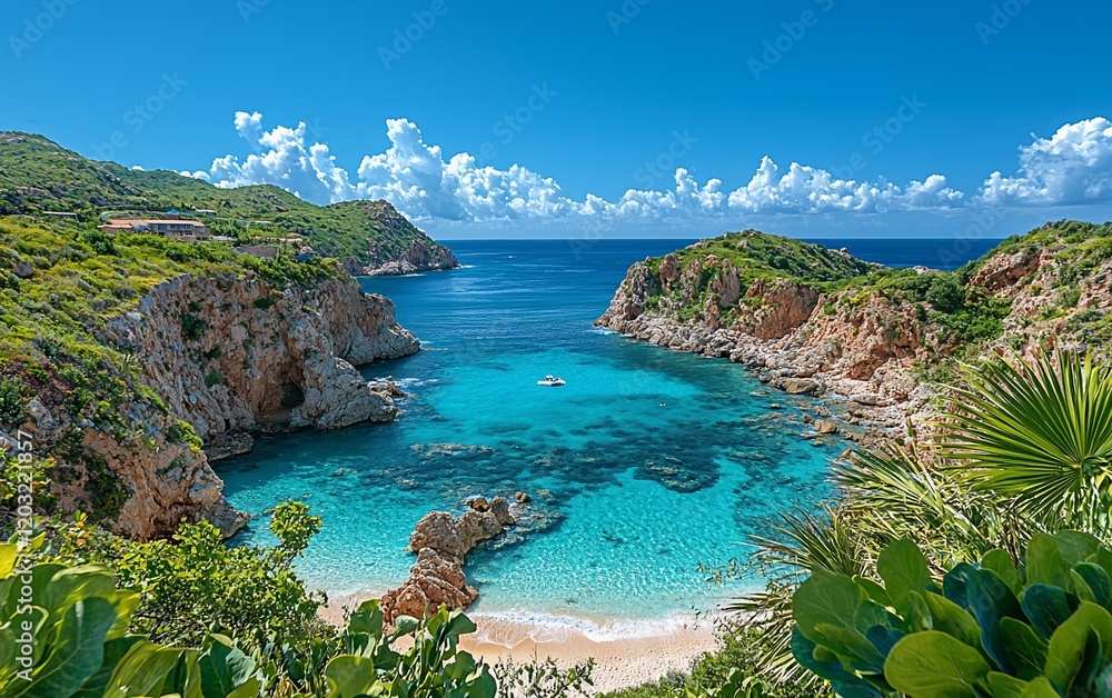 Fototapeta premium Secluded cove with turquoise water, sandy beach, and lush greenery under a sunny sky.