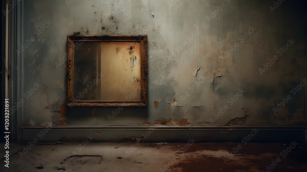 Gloomy reflection in a dirty streaked mirror revealing the details of a moody dimly lit room interior with an obscured hazy atmosphere Gloomy reflection in a dirty streaked mirror revealing the details of a moody dimly lit room interior with an obscured hazy atmosphere