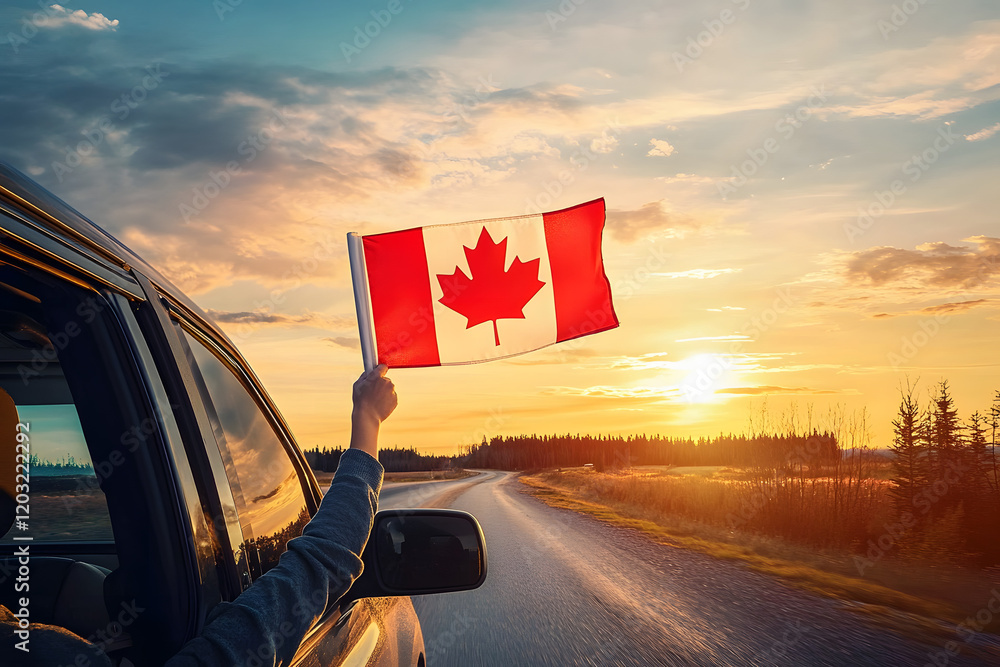 Φωτογραφία Waving the Canada flag against the sunrise or sunset from a car driving along a country road