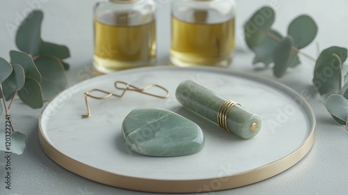 Jade roller and gua sha stone on marble tray with essential oils and eucalyptus. photo