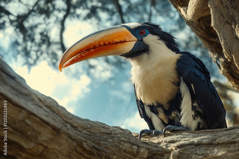 A vibrant toucan perched on a tree branch, against a bright sky. A vibrant toucan perched on a tree branch, against a bright sky.