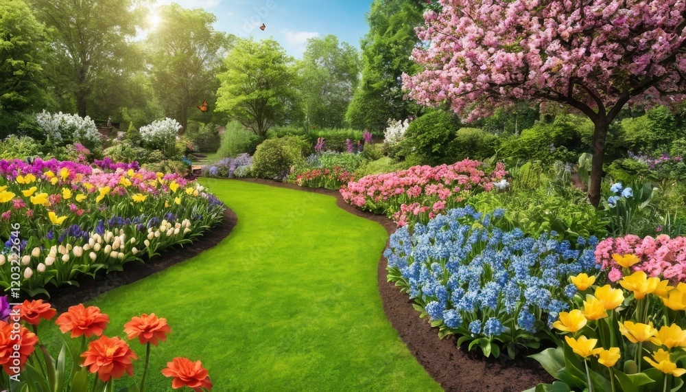Vibrant Spring Garden Pathway with Colorful Blooms Vibrant Spring Garden Pathway with Colorful Blooms