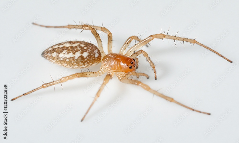 Close-up of a small spider with light brown body and white spots, eight legs and small orange abdomen. Close-up of a small spider with light brown body and white spots, eight legs and small orange abdomen.