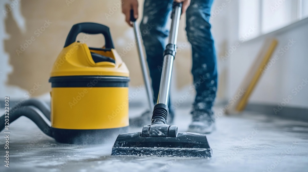 Fototapeta premium Construction worker cleaning up dust with a wet/dry vacuum after demolition or renovation work.