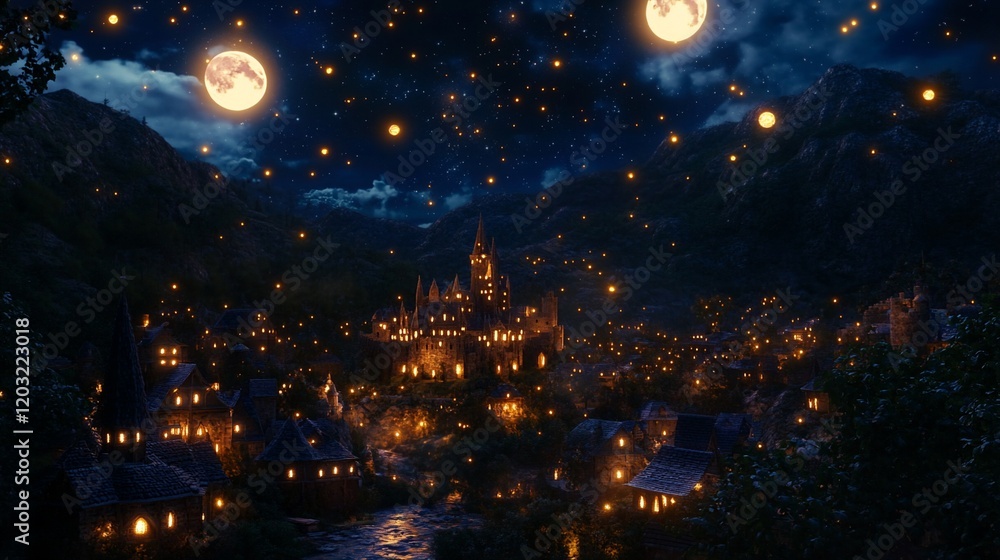 Naklejka premium Magical night scene of a fairytale castle town illuminated by lanterns and moons.