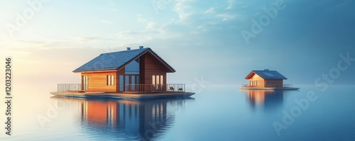 Floating homes, energy-efficient designs on calm waters, 3D illustration photo