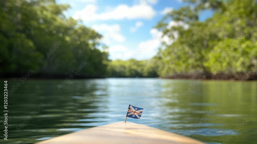 Serene kayaking adventure through lush mangroves with flags tranquil waterway nature photography peaceful setting close-up view Serene kayaking adventure through lush mangroves with flags tranquil waterway nature photography peaceful setting close-up view