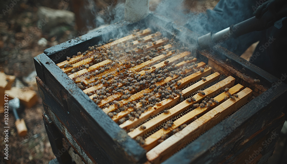 Frames of a bee hive. Beekeeper harvesting honey. The bee smoker is used to calm bees before frame removal. Beekeeper Inspecting Bee Hive