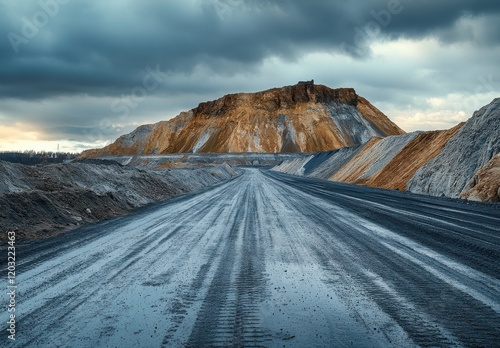 Expansive View of an Open-Pit Mining Site with Dramatic Cloudy Sky and Striking Geological Features Highlighting Industrial Activity and Natural Landscapes
