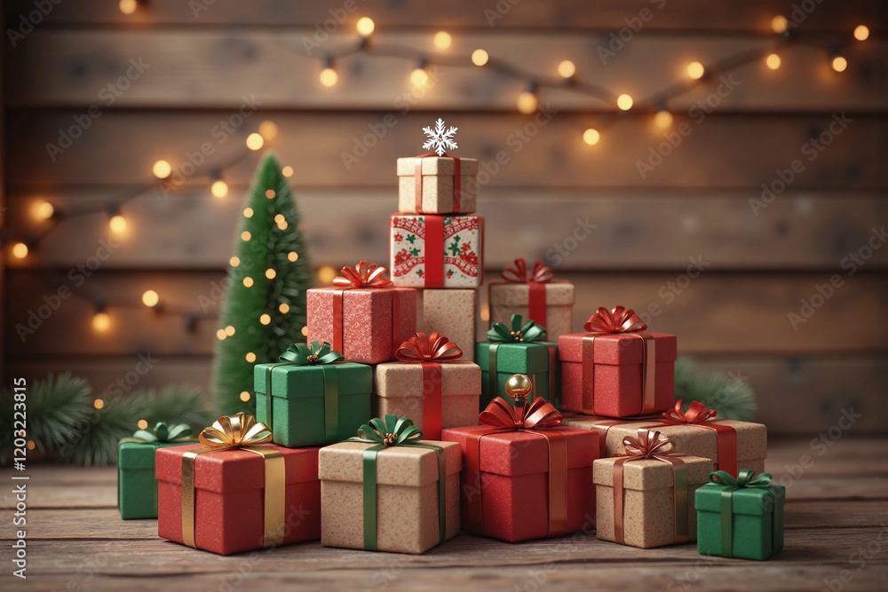 wrapped gifts arranged as miniature Christmas tree on wooden surface wrapped gifts arranged as miniature Christmas tree on wooden surface