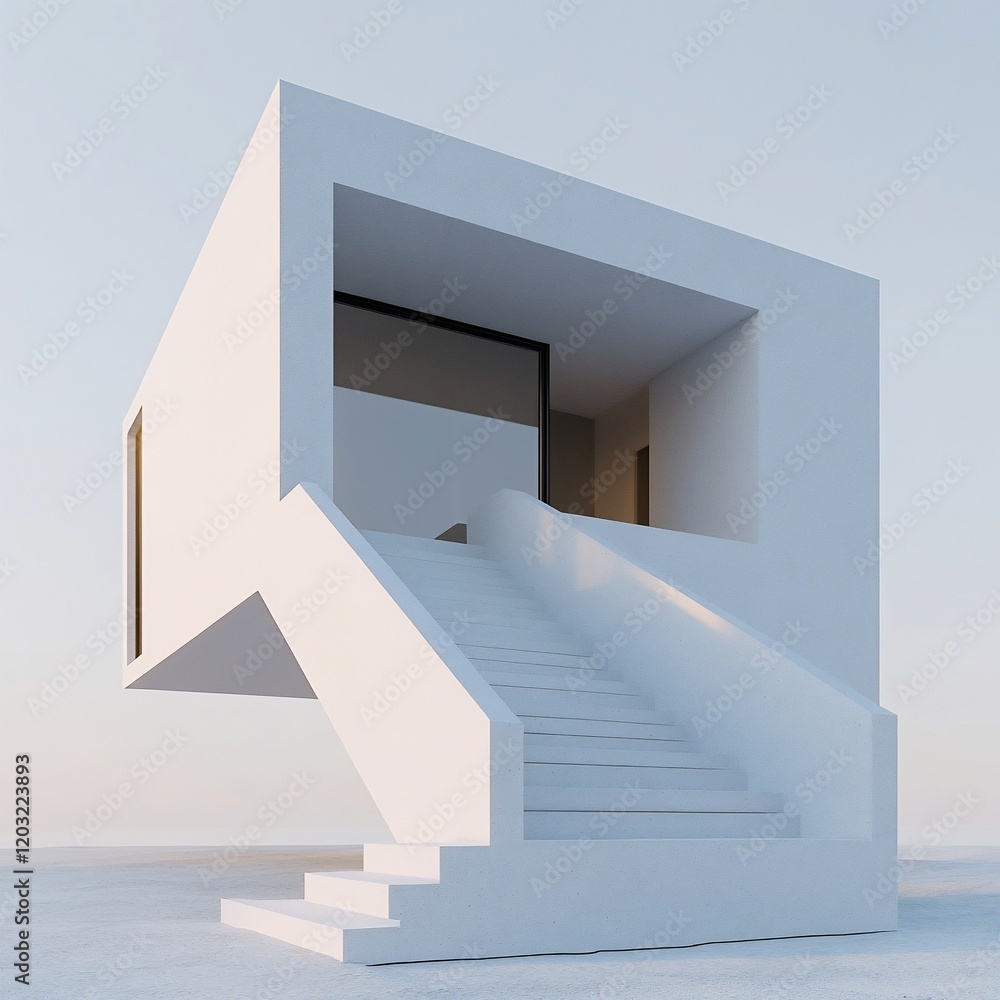Fototapeta premium Minimalist white cube house with stairs.