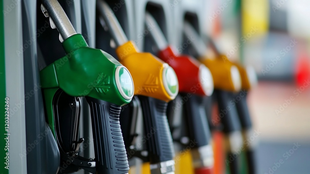 Close-up of colorful fuel nozzles at a gas station. Close-up of colorful fuel nozzles at a gas station.