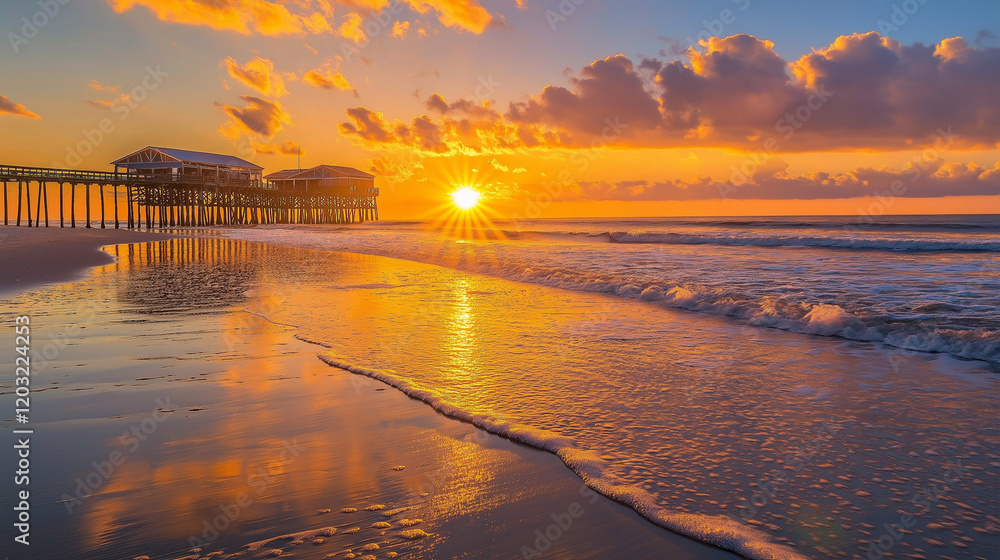Naklejka premium Serene Sunrise over Ocean Beach with Waves and Golden Horizon
