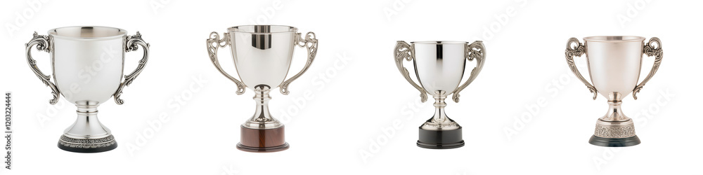 Elegant silver and gold trophies arranged on a podium symbolizing victory success and recognition in a competitive sporting or business event Elegant silver and gold trophies arranged on a podium symbolizing victory success and recognition in a competitive sporting or business event