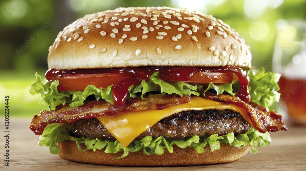 A delicious burger with bacon, cheese, fresh lettuce, tomato, and ketchup, served in a sesame seed bun, perfect for a satisfying meal, Metabolic Syndrome, Junk foods. A delicious burger with bacon, cheese, fresh lettuce, tomato, and ketchup, served in a sesame seed bun, perfect for a satisfying meal, Metabolic Syndrome, Junk foods.