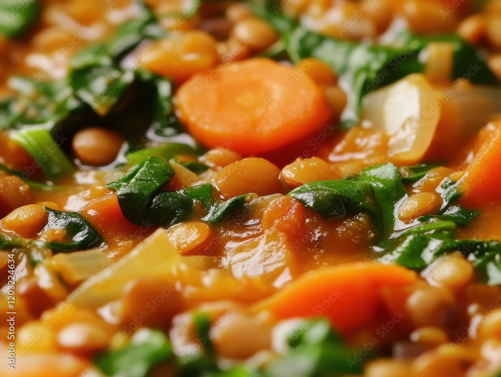 A detailed close-up of a hearty lentil stew, featuring lentils, carrots A detailed close-up of a hearty lentil stew, featuring lentils, carrots