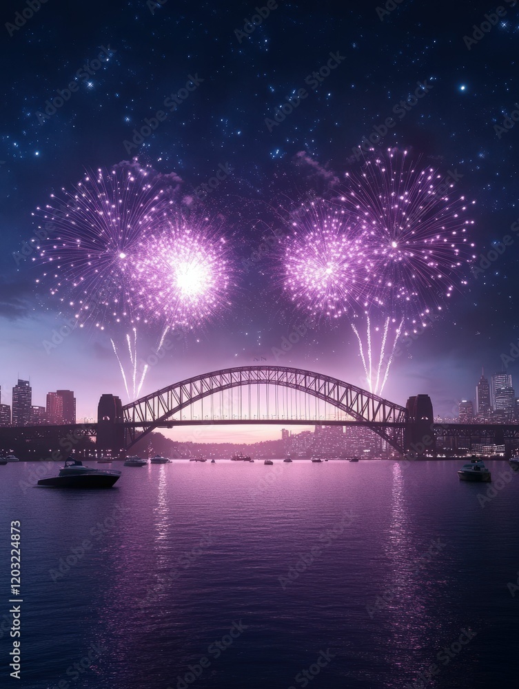 Obraz premium A vibrant night scene featuring fireworks illuminating the Sydney Harbour Bridge, reflecting on the water below.