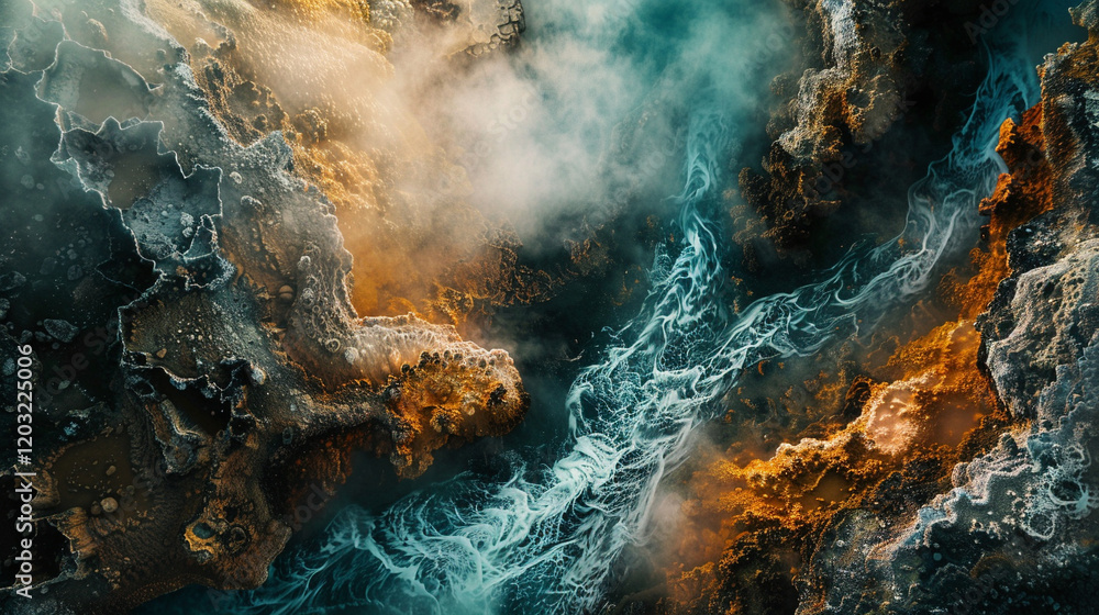 A surreal long exposure of steam rising from a geothermal hot spring, with swirling mist. A surreal long exposure of steam rising from a geothermal hot spring, with swirling mist.