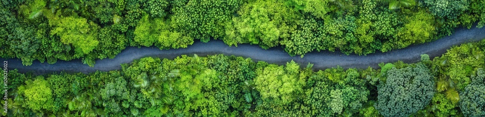 Naklejka premium Forest Path Aerial View: A winding path meanders through a vibrant, lush forest, captured in a stunning aerial shot. The image showcases the beauty of nature's intricate design. 