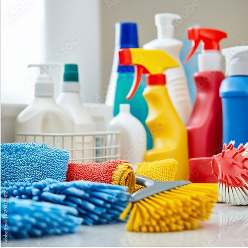 Colorful cleaning supplies, bottles, sprays, brushes, and cloths in a kitchen setting. photo