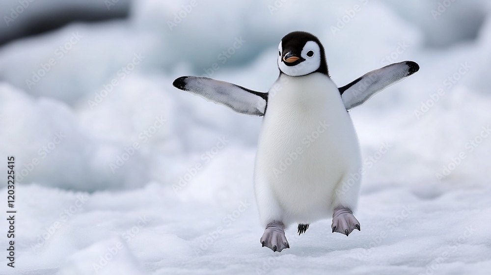 Obraz premium An adorable penguin chick joyfully leaps across a snowy Antarctic landscape.