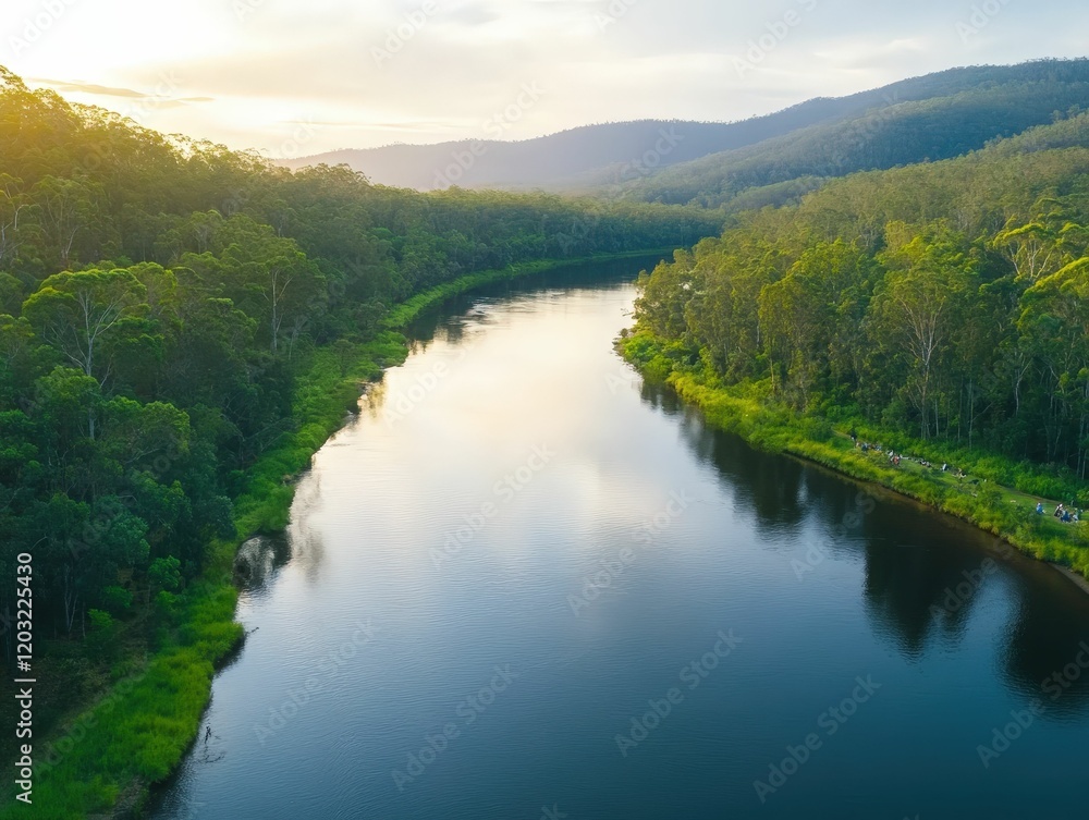 A serene river flows through lush green forests under a soft golden light, reflecting the surrounding beauty of nature.