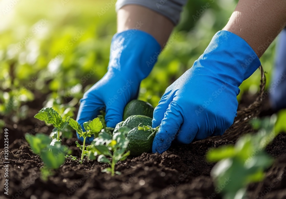 Fototapeta premium Hands in blue gloves planting seedlings in rich soil.
